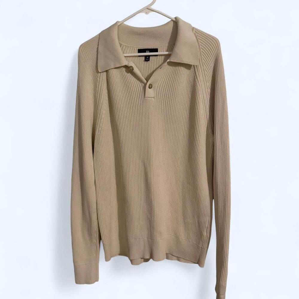 Banana Republic sweater mens M cream knit long sleeve collared polo button
